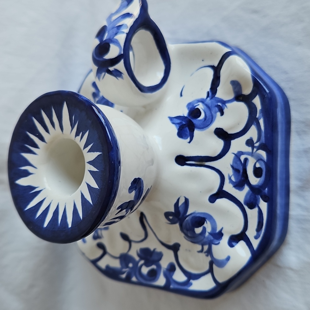 Vintage Vestal Hand Painted Blue and White Ceramic Candle Holder